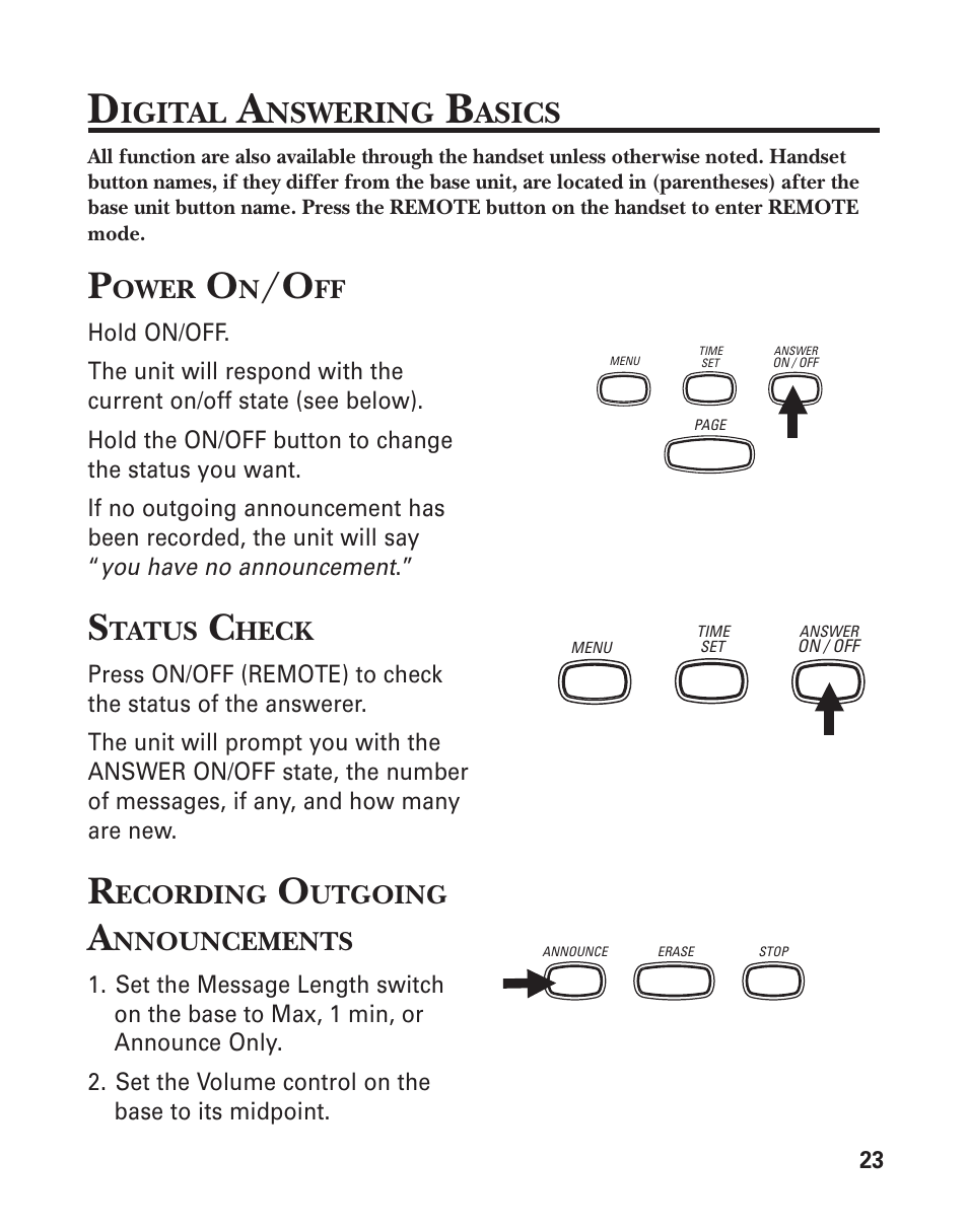 Digital answering basics, Power on/off, Status check | Recording outgoing announcements, Igital, Nswering, Asics | GE 2-9950 User Manual | Page 23 / 38