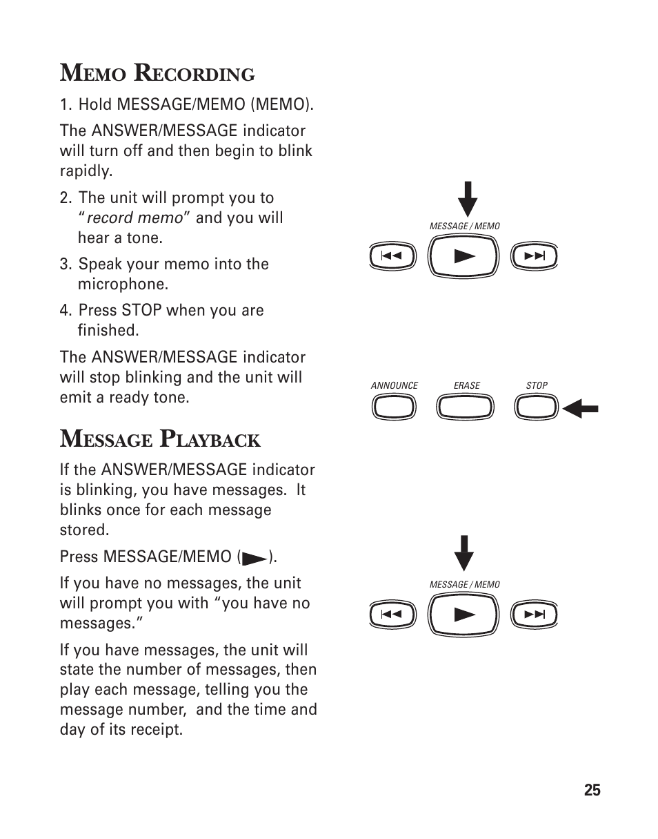 Memo recording, Message playback | GE 2-9950 User Manual | Page 25 / 38