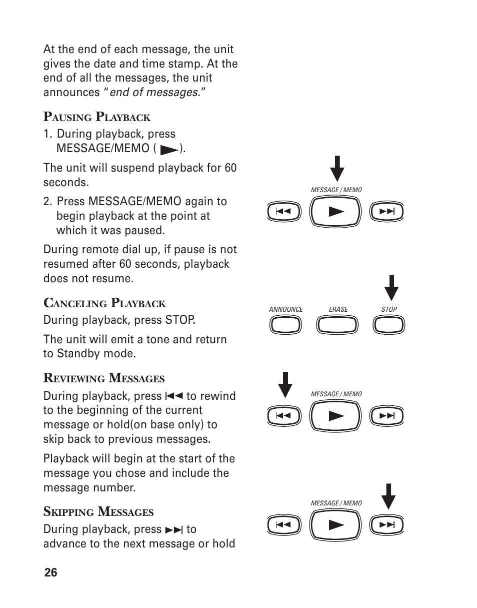 Pausing playback, Canceling playback, Reviewing messages | Skipping messages | GE 2-9950 User Manual | Page 26 / 38