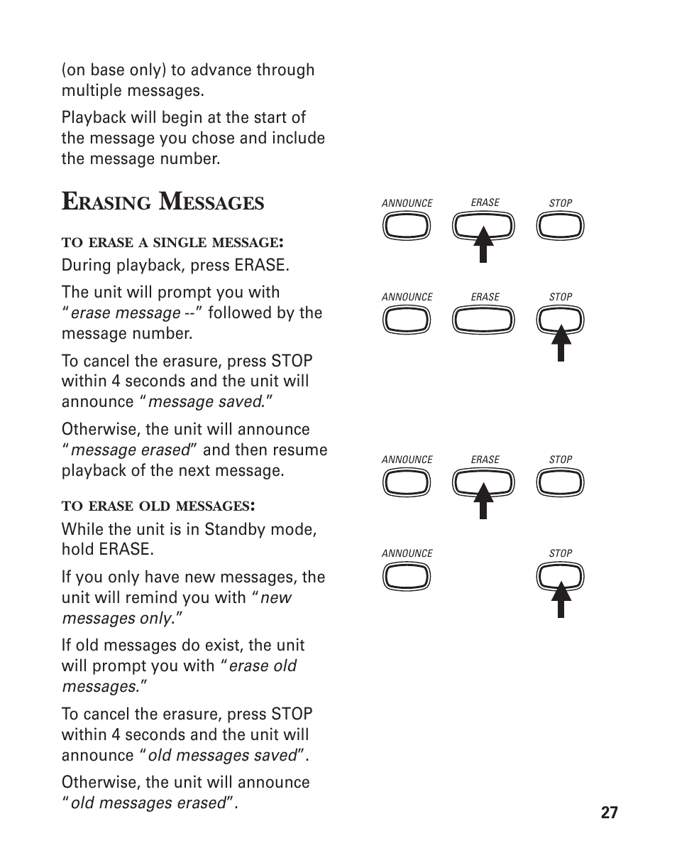 Erasing messages, To erase a single message, To erase old messages | Rasing, Essages | GE 2-9950 User Manual | Page 27 / 38