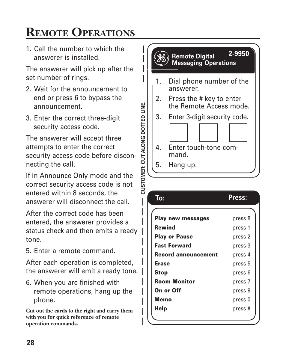 Emote, Perations | GE 2-9950 User Manual | Page 28 / 38