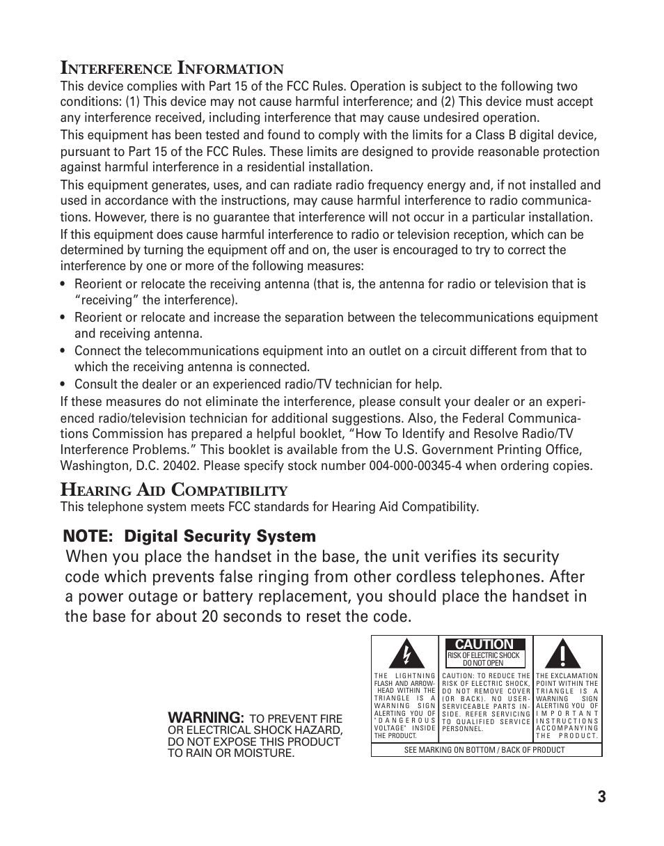 Interference information, Hearing aid compatibility | GE 2-9950 User Manual | Page 3 / 38