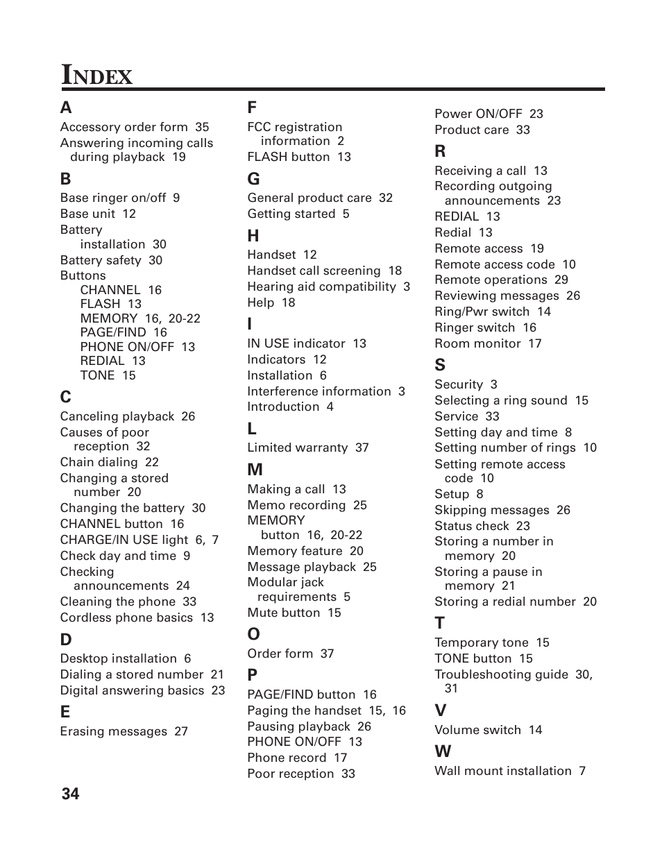 Service, Ndex | GE 2-9950 User Manual | Page 34 / 38