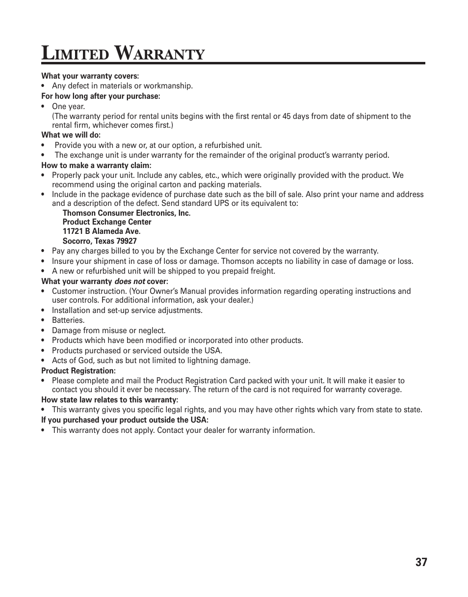 Accessory order form, Imited, Arranty | GE 2-9950 User Manual | Page 37 / 38