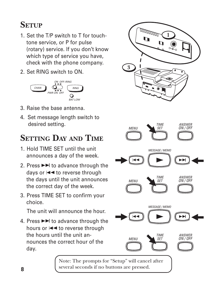 Setup, Setting day and time, Etup | Etting | GE 2-9950 User Manual | Page 8 / 38