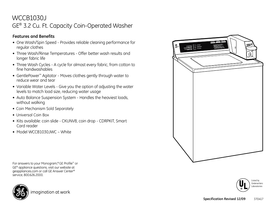Wccb1030j, 2 cu. ft. capacity coin-operated washer, Wccb1030d | GE Profile WCCB1030JWC User Manual | Page 2 / 2