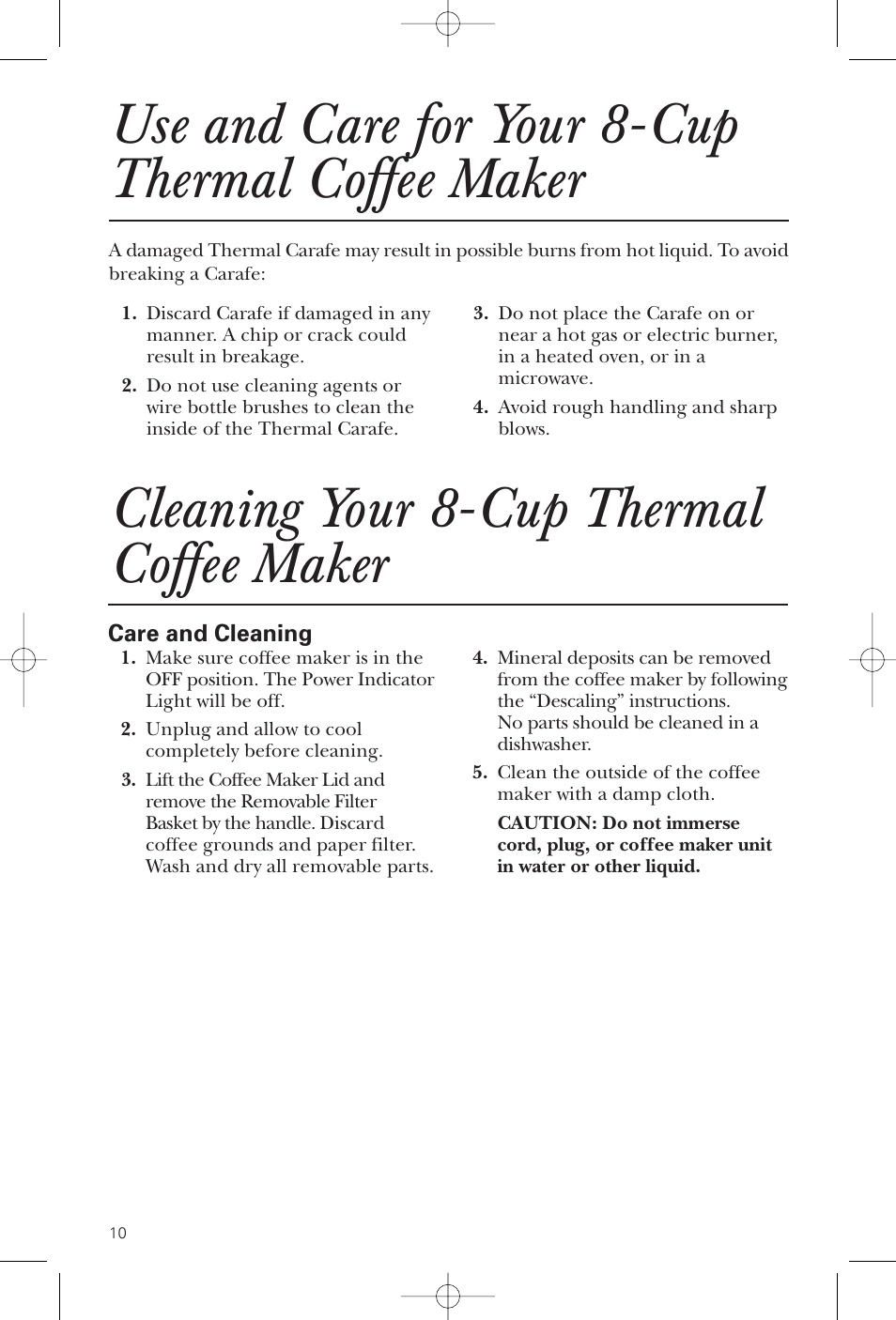 Use and care for your 8-cup thermal coffee maker, Cleaning your 8-cup thermal coffee maker | GE 1549887 User Manual | Page 10 / 26