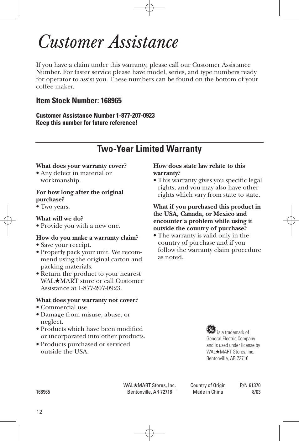 Customer assistance, Two-year limited warranty | GE 1549887 User Manual | Page 12 / 26