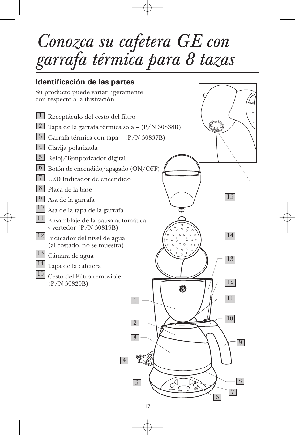 Identificación de las partes | GE 1549887 User Manual | Page 17 / 26