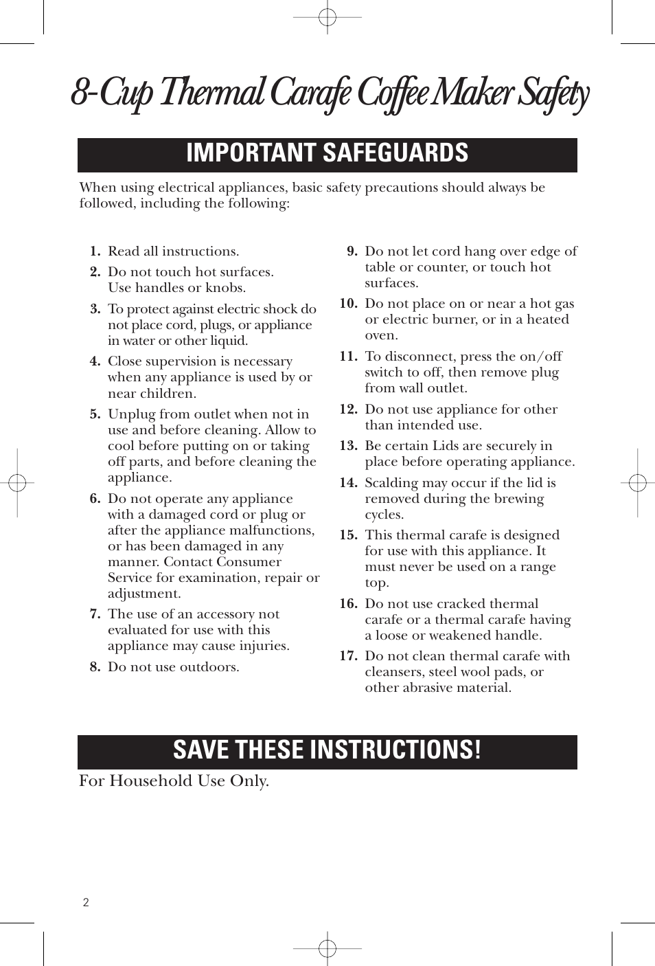 Cup thermal carafe coffee maker safety, Important safeguards, Save these instructions | GE 1549887 User Manual | Page 2 / 26