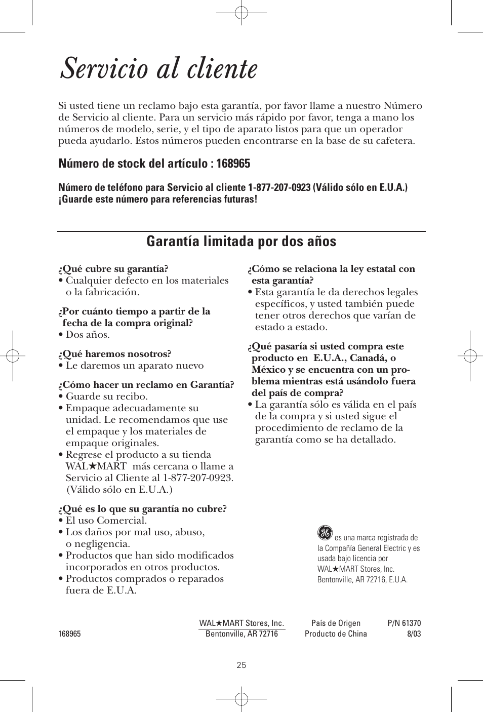 Servicio al cliente, Garantía limitada por dos años | GE 1549887 User Manual | Page 25 / 26