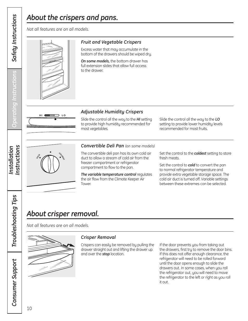 Crispers and pans, About crisper removal, About the crispers and pans | GE 200D8074P037 User Manual | Page 10 / 112