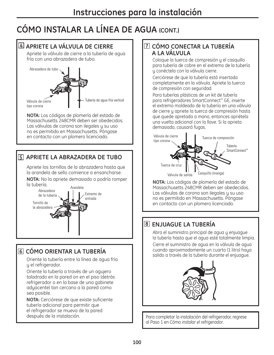 Instrucciones para la instalación, Cómo instalar la línea de agua, Cómo conectar la tubería a la válvula | Enjuague la tubería, Apriete la válvula de cierre, Apriete la abrazadera de tubo, Cómo orientar la tubería, Cont.) | GE 200D8074P037 User Manual | Page 100 / 112