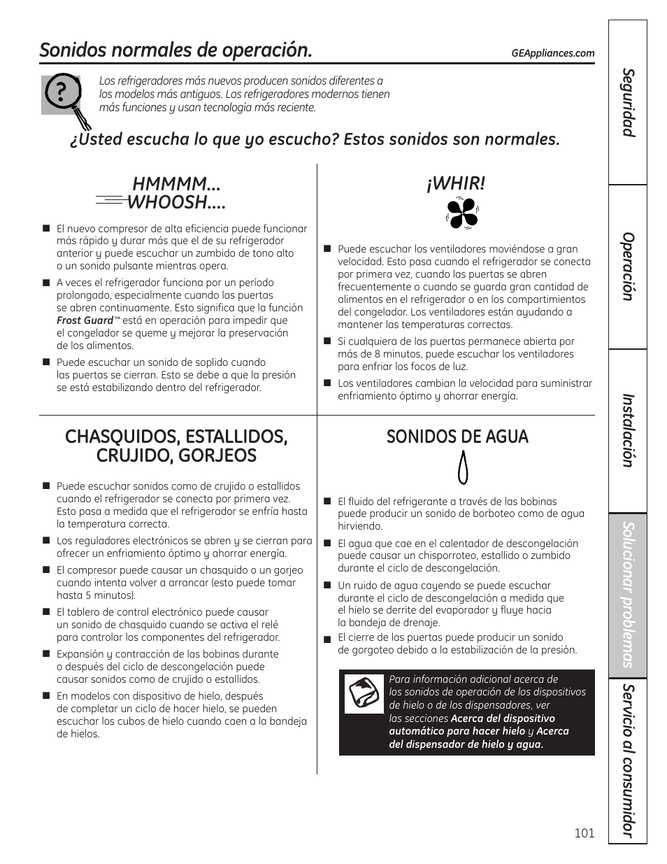 Solucionar problemas, Sonidos normales de la operación, Sonidos normales de operación | Chasquidos, estallidos, crujido, gorjeos, Sonidos de agua, Whir | GE 200D8074P037 User Manual | Page 101 / 112