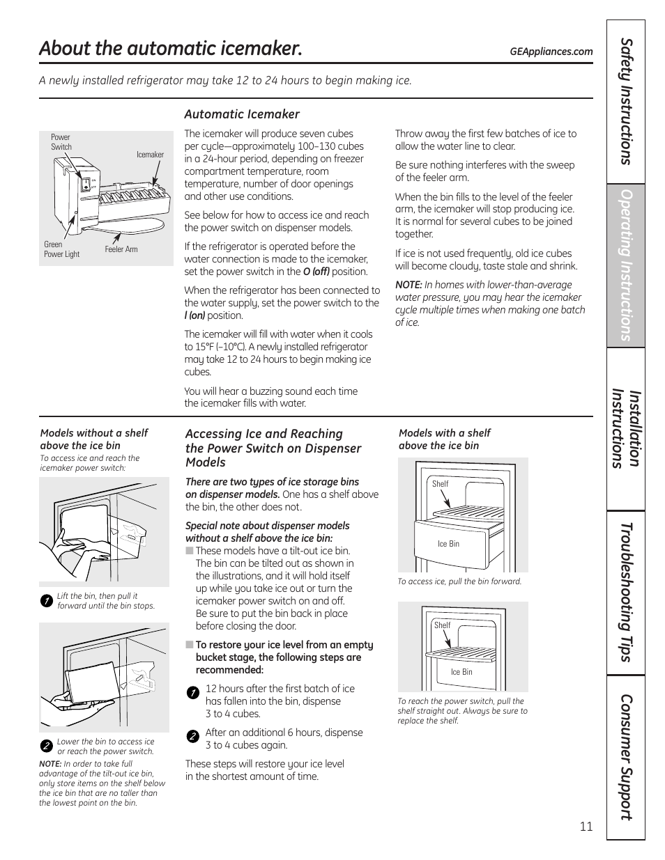 Automatic icemaker, About the automatic icemaker | GE 200D8074P037 User Manual | Page 11 / 112
