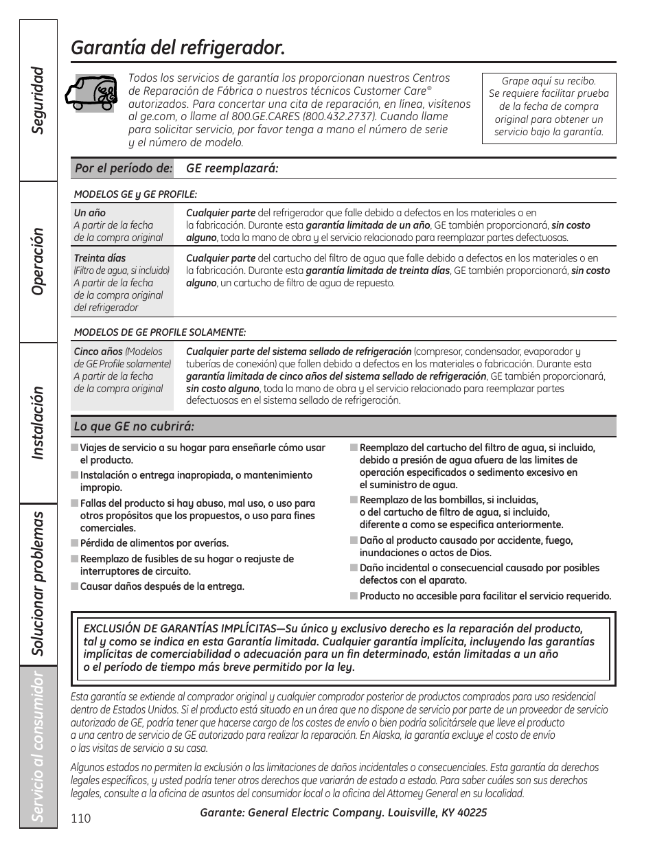 Garantía, Garantía del refrigerador | GE 200D8074P037 User Manual | Page 110 / 112