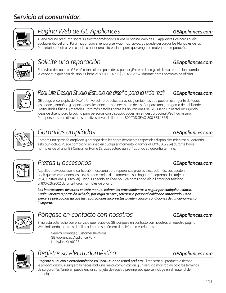 Servicio al consumidor, Solicite una reparación, Garantías ampliadas | Piezas y accesorios, Póngase en contacto con nosotros, Registre su electrodoméstico | GE 200D8074P037 User Manual | Page 111 / 112