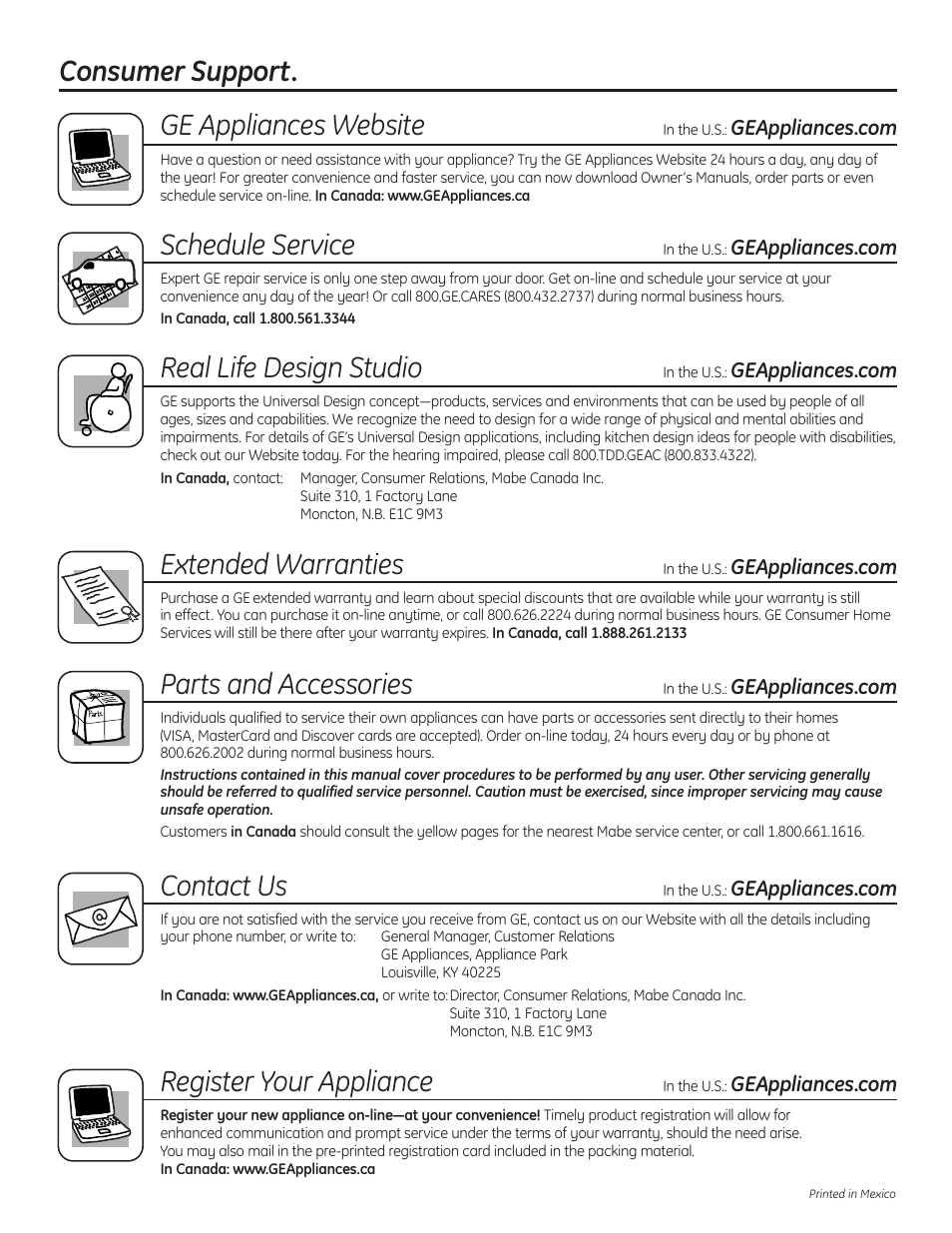 Consumer support, Consumer support. ge appliances website, Schedule service | Real life design studio, Extended warranties, Parts and accessories, Contact us, Register your appliance | GE 200D8074P037 User Manual | Page 112 / 112