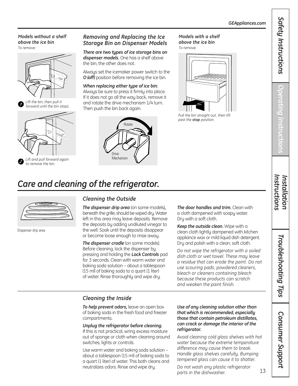 Care and cleaning, Care and cleaning , 14, Care and cleaning of the refrigerator | GE 200D8074P037 User Manual | Page 13 / 112