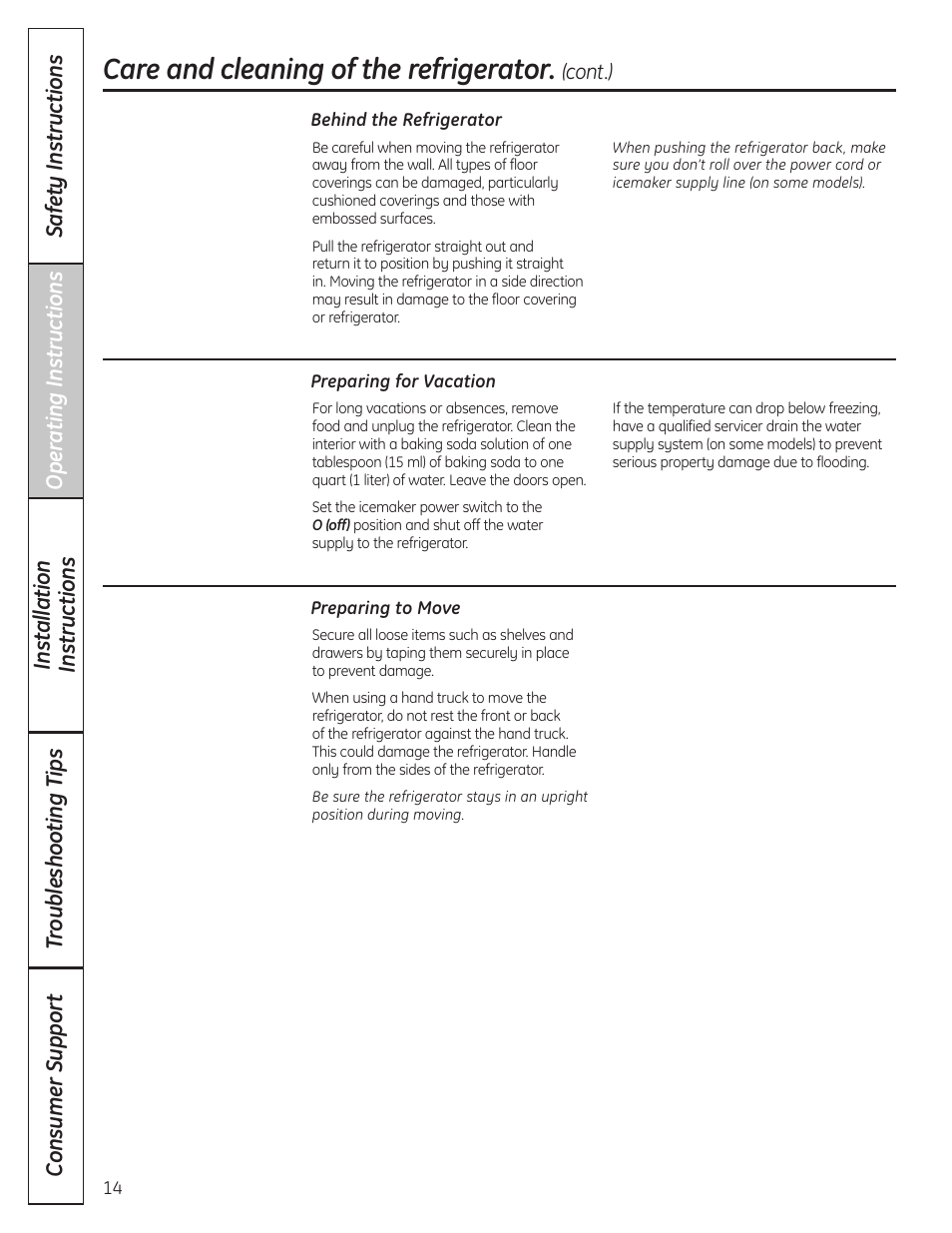 Care and cleaning of the refrigerator | GE 200D8074P037 User Manual | Page 14 / 112