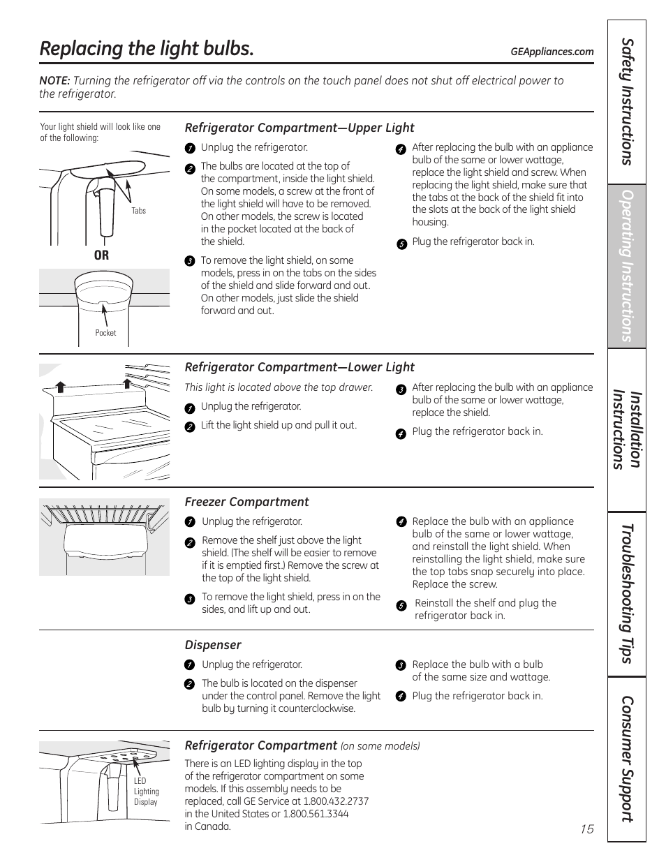 Replacing the light bulbs | GE 200D8074P037 User Manual | Page 15 / 112