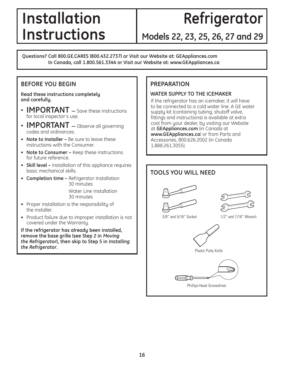 Preparing to install the refrigerator, Installation refrigerator instructions, Important | GE 200D8074P037 User Manual | Page 16 / 112