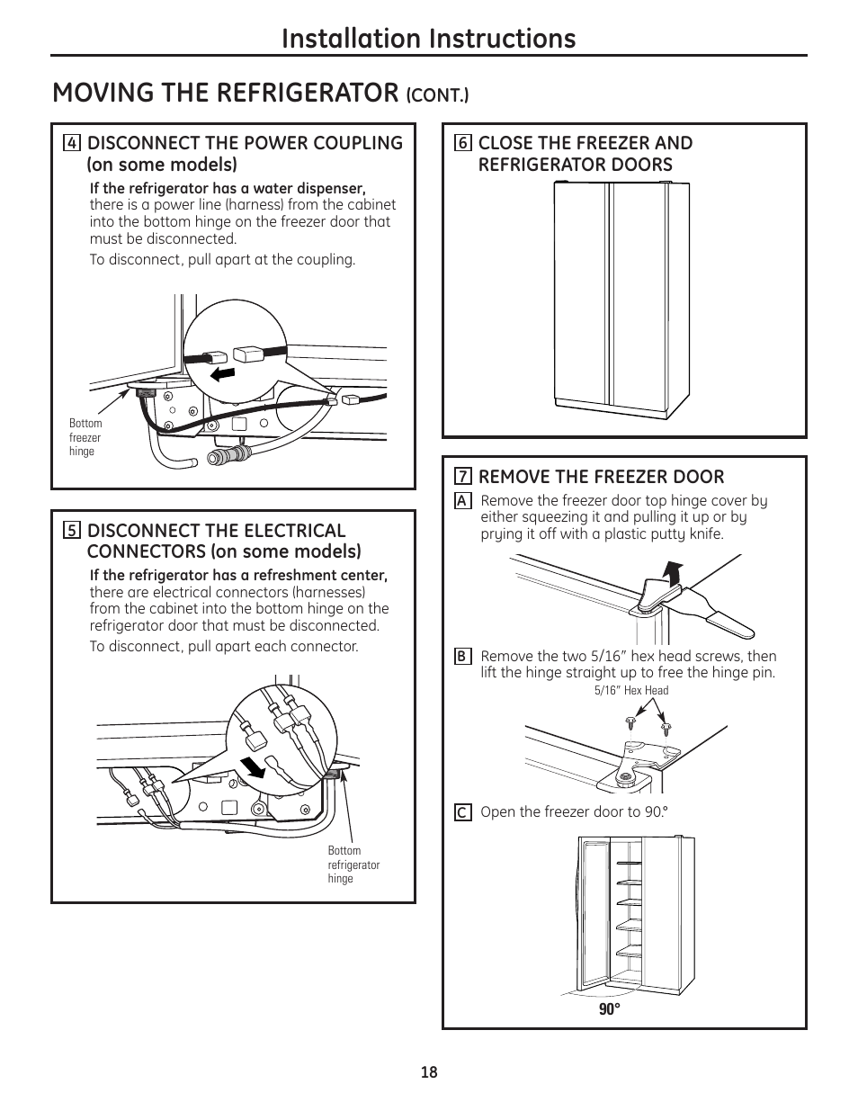 Installation instructions, Moving the refrigerator | GE 200D8074P037 User Manual | Page 18 / 112