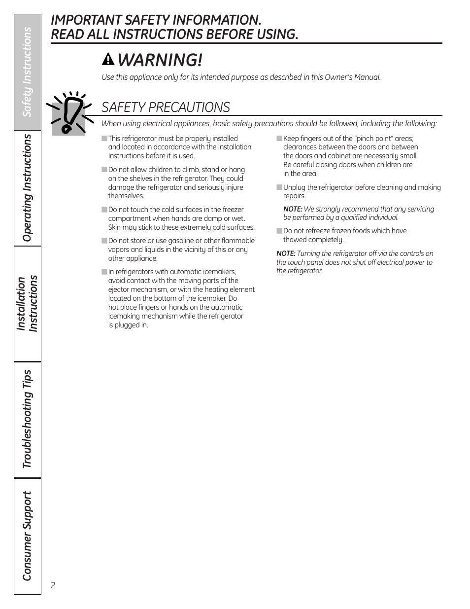 Safety instructions, Warning, Safety precautions | GE 200D8074P037 User Manual | Page 2 / 112