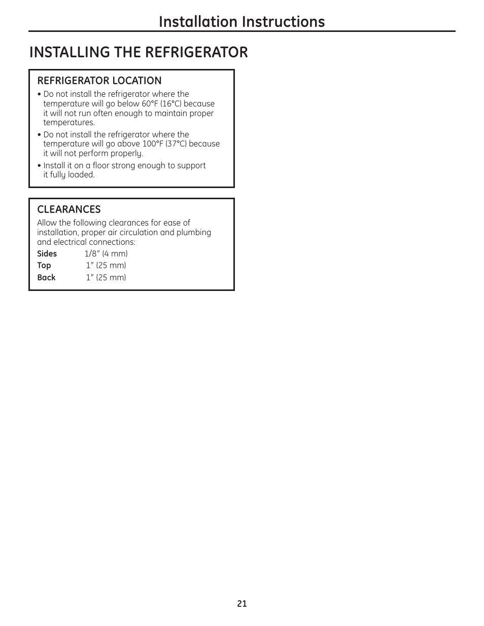 Installing the refrigerator, Installing the refrigerator –24 | GE 200D8074P037 User Manual | Page 21 / 112
