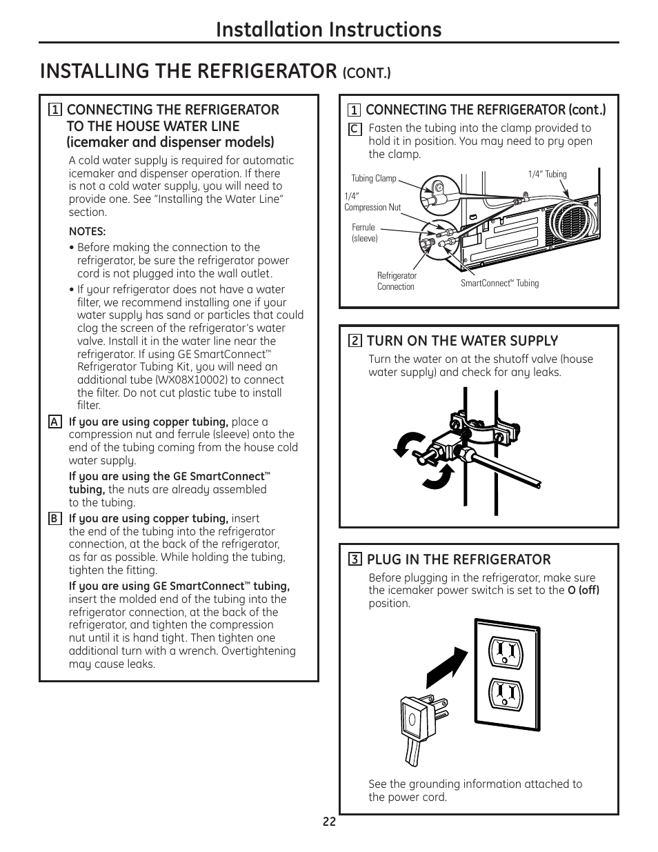 Installing the refrigerator, Installation instructions, Cont.) | Connecting the refrigerator (cont.), Turn on the water supply, Plug in the refrigerator | GE 200D8074P037 User Manual | Page 22 / 112
