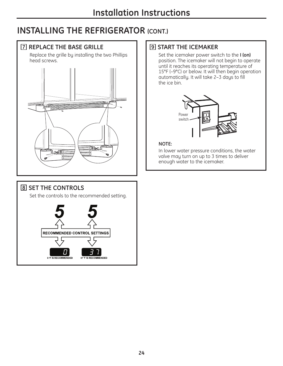 Installation instructions, Installing the refrigerator | GE 200D8074P037 User Manual | Page 24 / 112