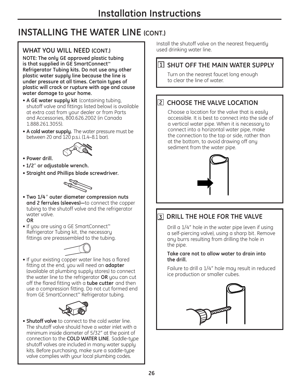 Installing the water line, Installation instructions | GE 200D8074P037 User Manual | Page 26 / 112