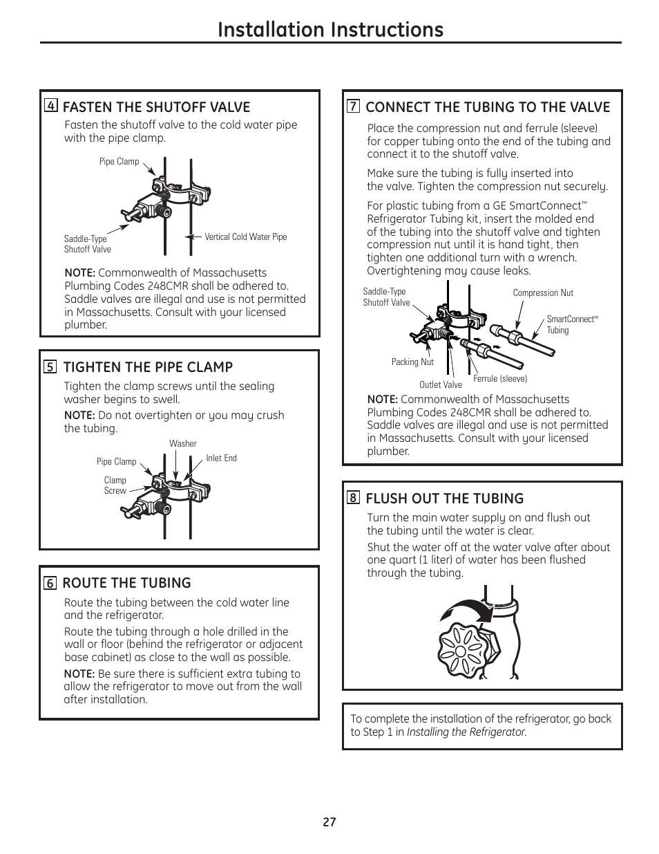 Installation instructions, Connect the tubing to the valve, Flush out the tubing | Fasten the shutoff valve, Tighten the pipe clamp, Route the tubing | GE 200D8074P037 User Manual | Page 27 / 112