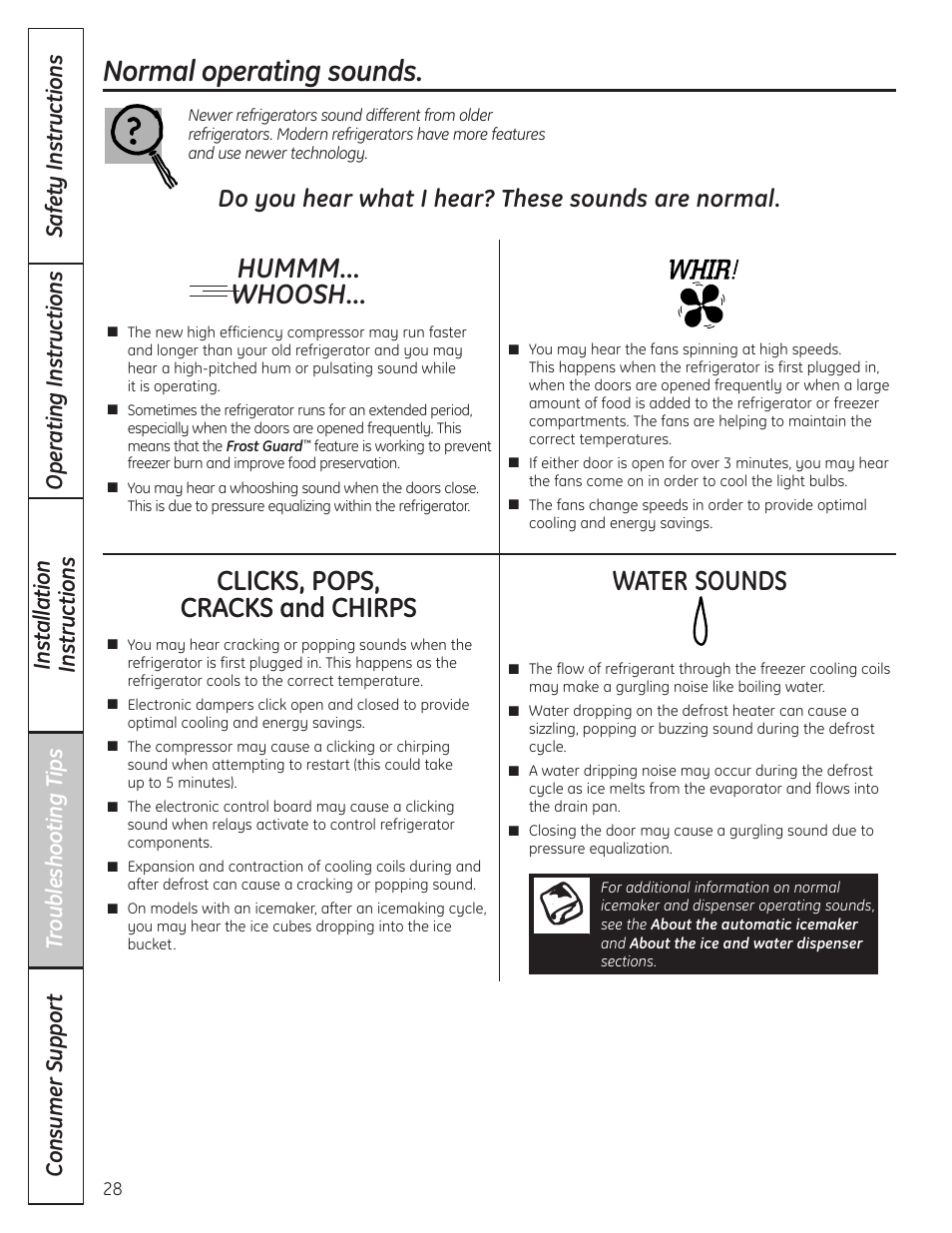 Troubleshooting tips, Normal operating sounds, Hummm... whoosh | Clicks, pops, cracks and chirps, Water sounds, Do you hear what i hear? these sounds are normal | GE 200D8074P037 User Manual | Page 28 / 112