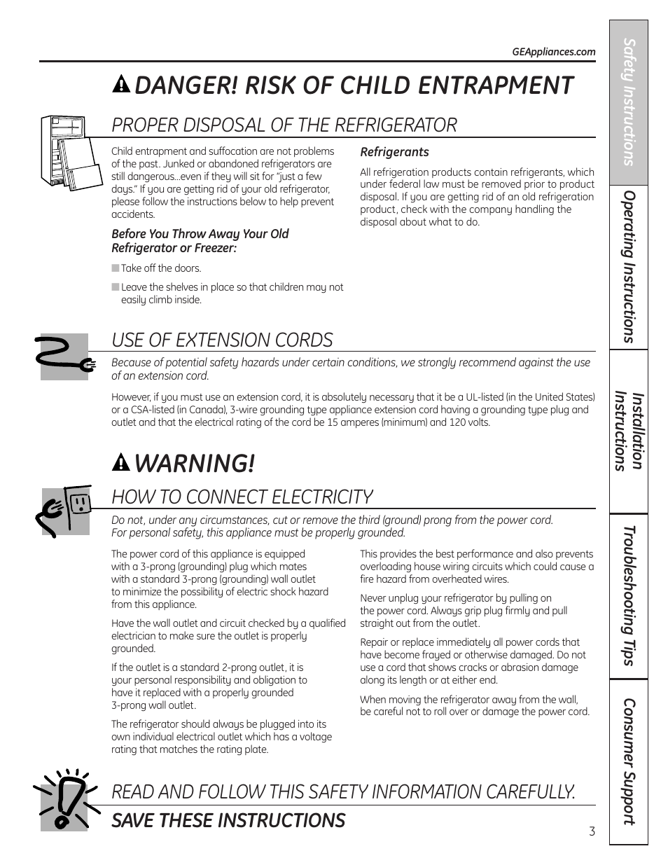 Danger! risk of child entrapment, Warning, Proper disposal of the refrigerator | Use of extension cords, How to connect electricity | GE 200D8074P037 User Manual | Page 3 / 112