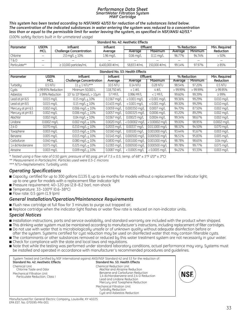 Performance data sheet, Operating specifications, Special notices | GE 200D8074P037 User Manual | Page 33 / 112