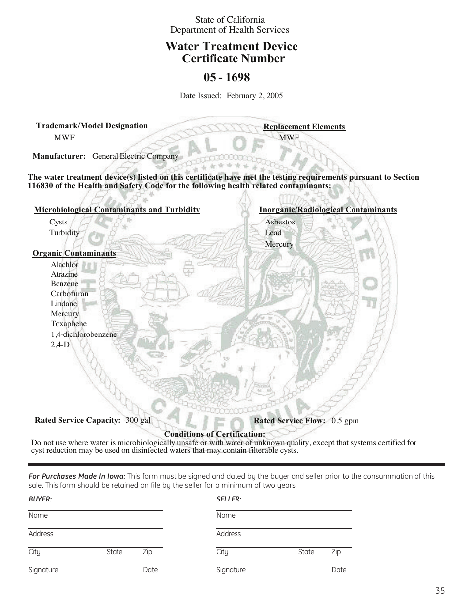 Water treatment device certificate number | GE 200D8074P037 User Manual | Page 35 / 112
