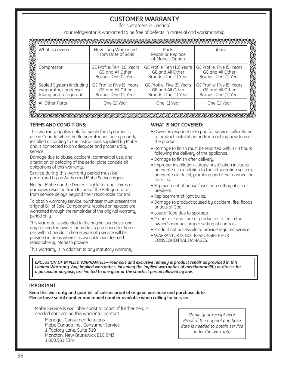 Warranty (canadian), Customer warranty | GE 200D8074P037 User Manual | Page 36 / 112