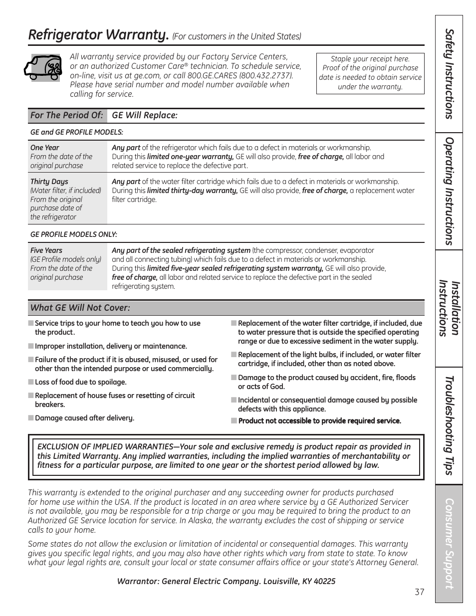 Warranty (u.s.), Refrigerator warranty | GE 200D8074P037 User Manual | Page 37 / 112