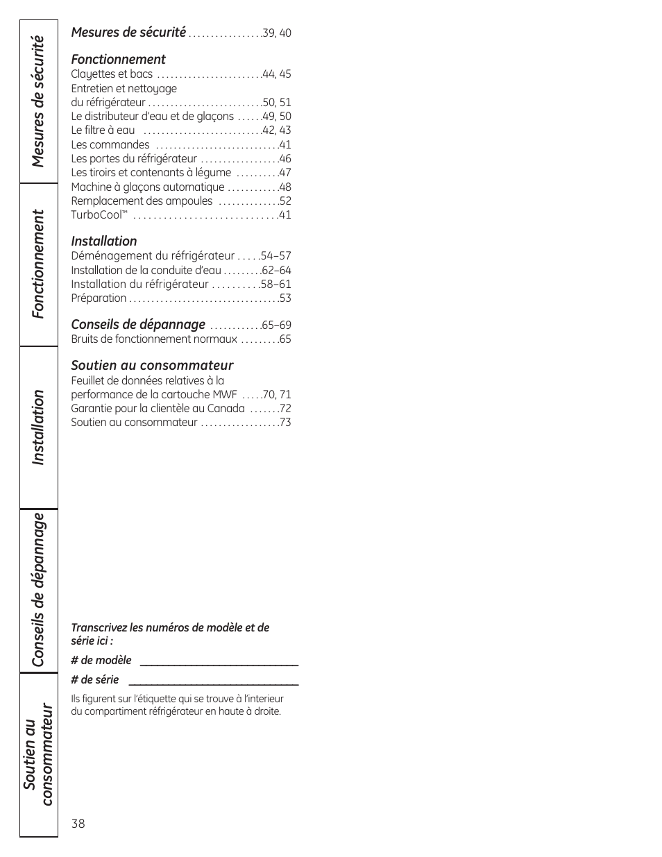 French, Fonctionnement, Installation | Soutien au consommateur | GE 200D8074P037 User Manual | Page 38 / 112