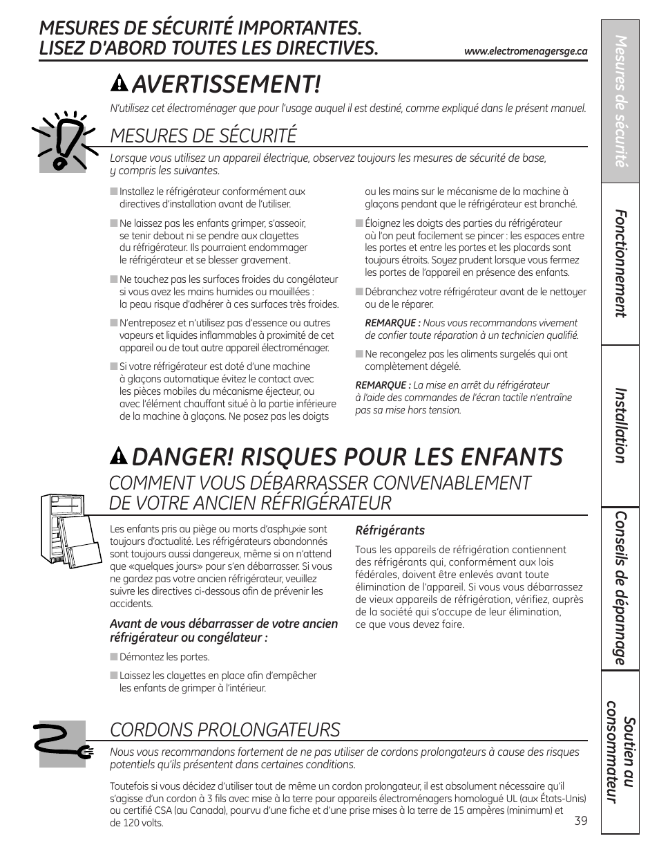 Mesures de sécurité, Avertissement, Danger! risques pour les enfants | Cordons prolongateurs | GE 200D8074P037 User Manual | Page 39 / 112