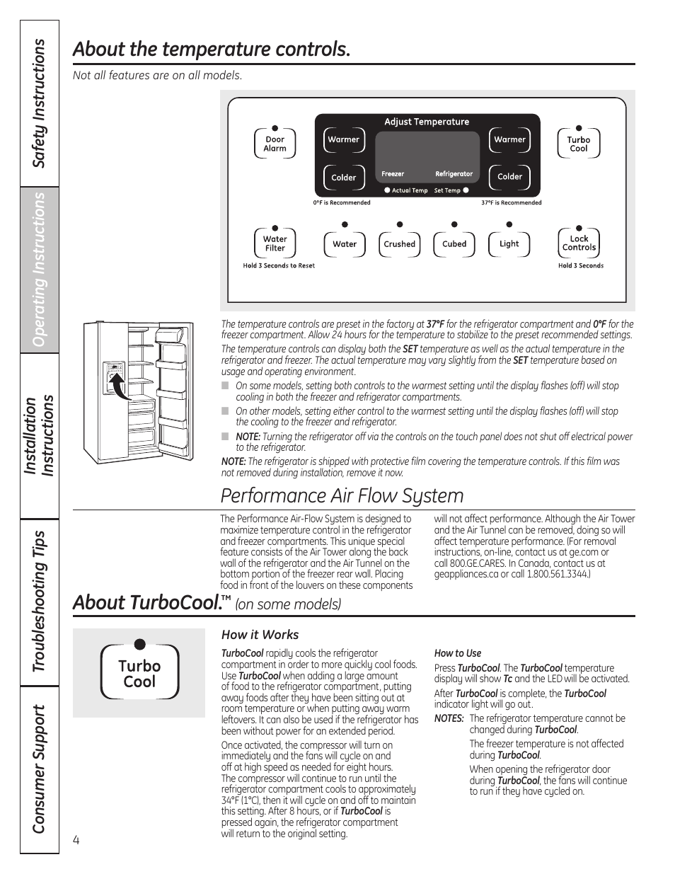 Temperature controls, Turbocool, Temperature controls turbocool | About the temperature controls, About turbocool, Performance air flow system | GE 200D8074P037 User Manual | Page 4 / 112