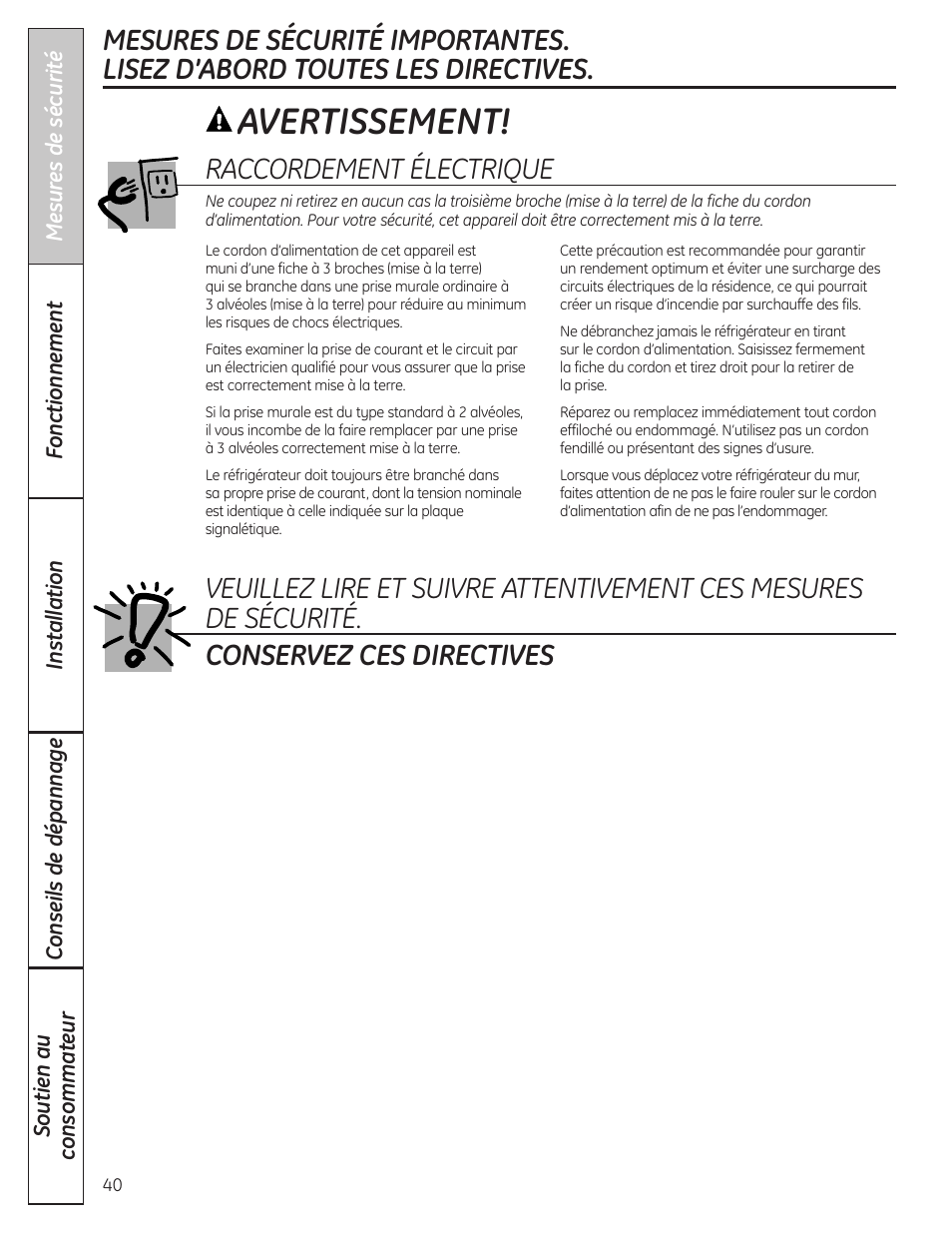 Avertissement, Raccordement électrique | GE 200D8074P037 User Manual | Page 40 / 112