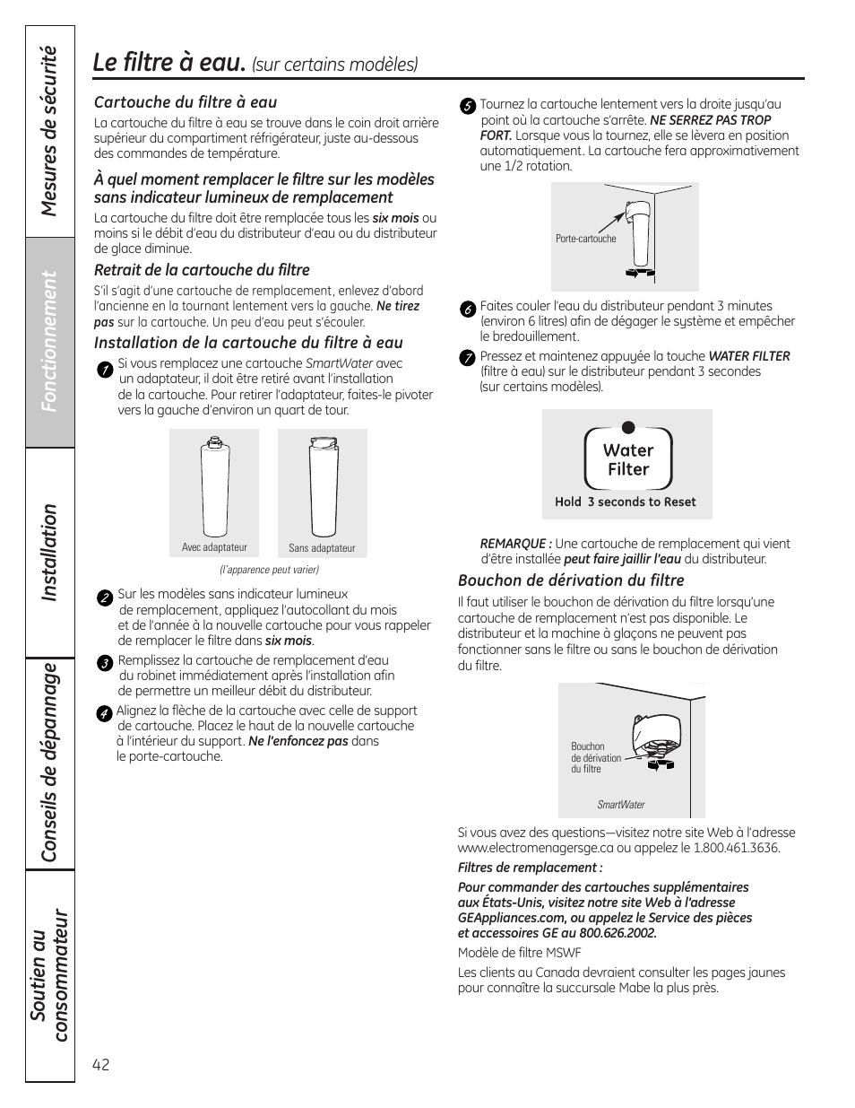 Le filtre à eau, Le filtre à eau , 43, Sur certains modèles) | GE 200D8074P037 User Manual | Page 42 / 112