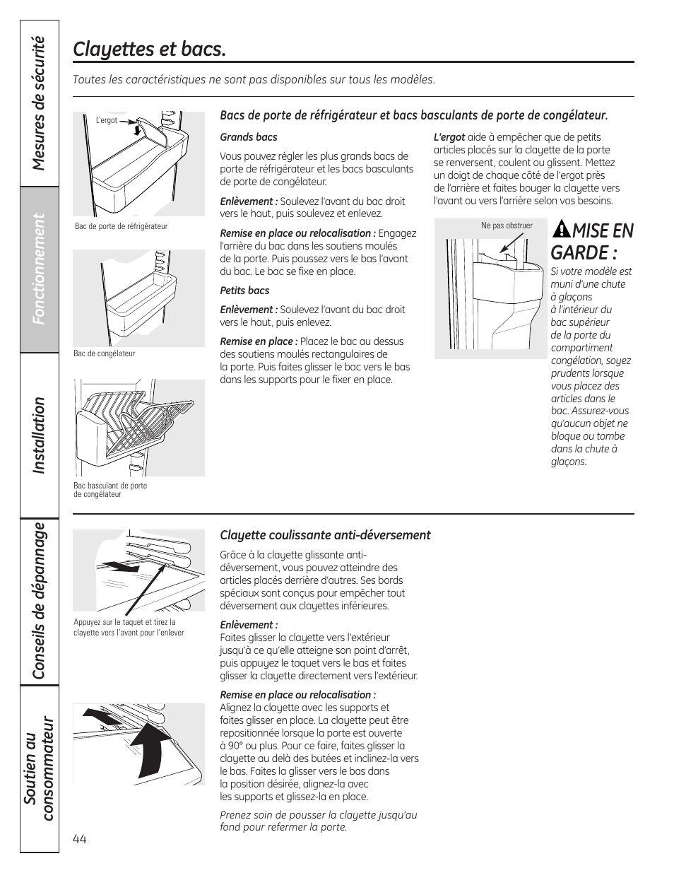 Clayettes et bacs, Clayettes et bacs , 45, Mise en garde | GE 200D8074P037 User Manual | Page 44 / 112