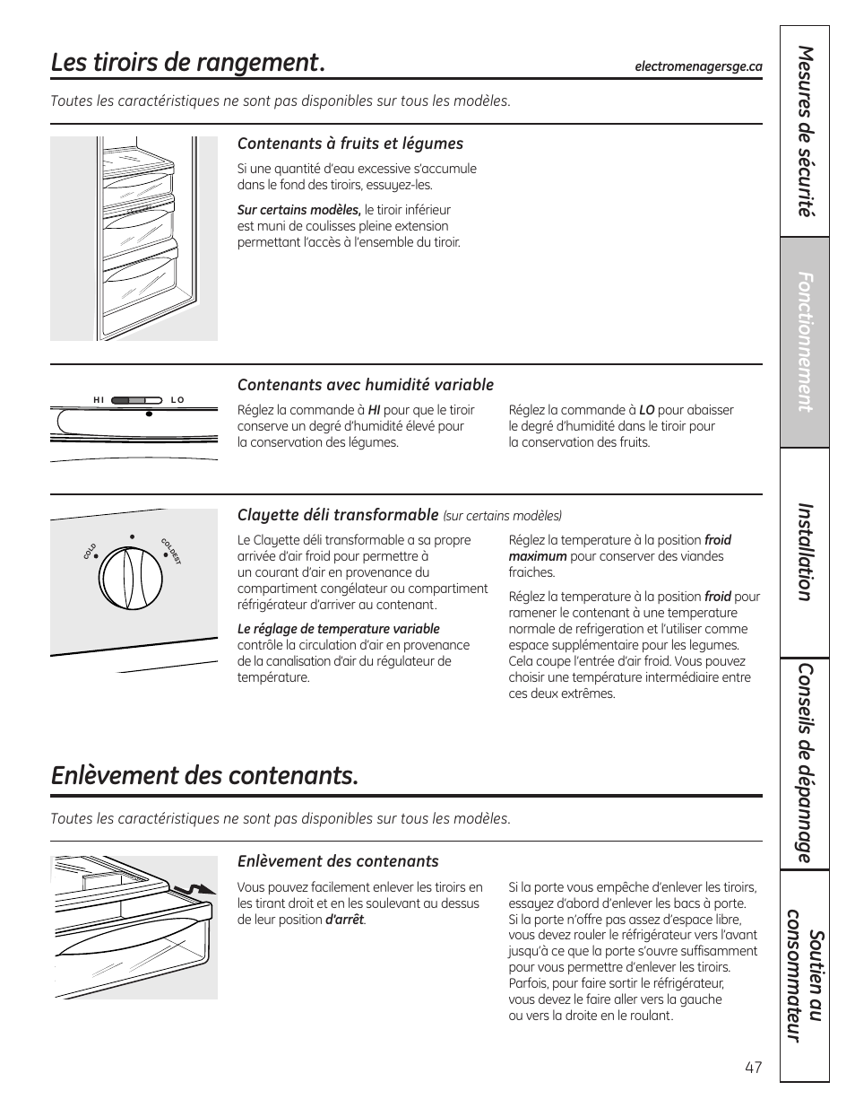 Les tiroirs et contenants à légume, Enlèvement des contenants, Les tiroirs de rangement | GE 200D8074P037 User Manual | Page 47 / 112