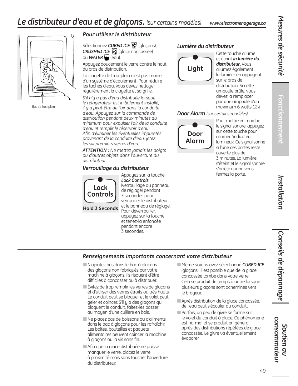 Le distributeur d’eau et de glaçons, Le distributeur d’eau et de glaçons , 50 | GE 200D8074P037 User Manual | Page 49 / 112