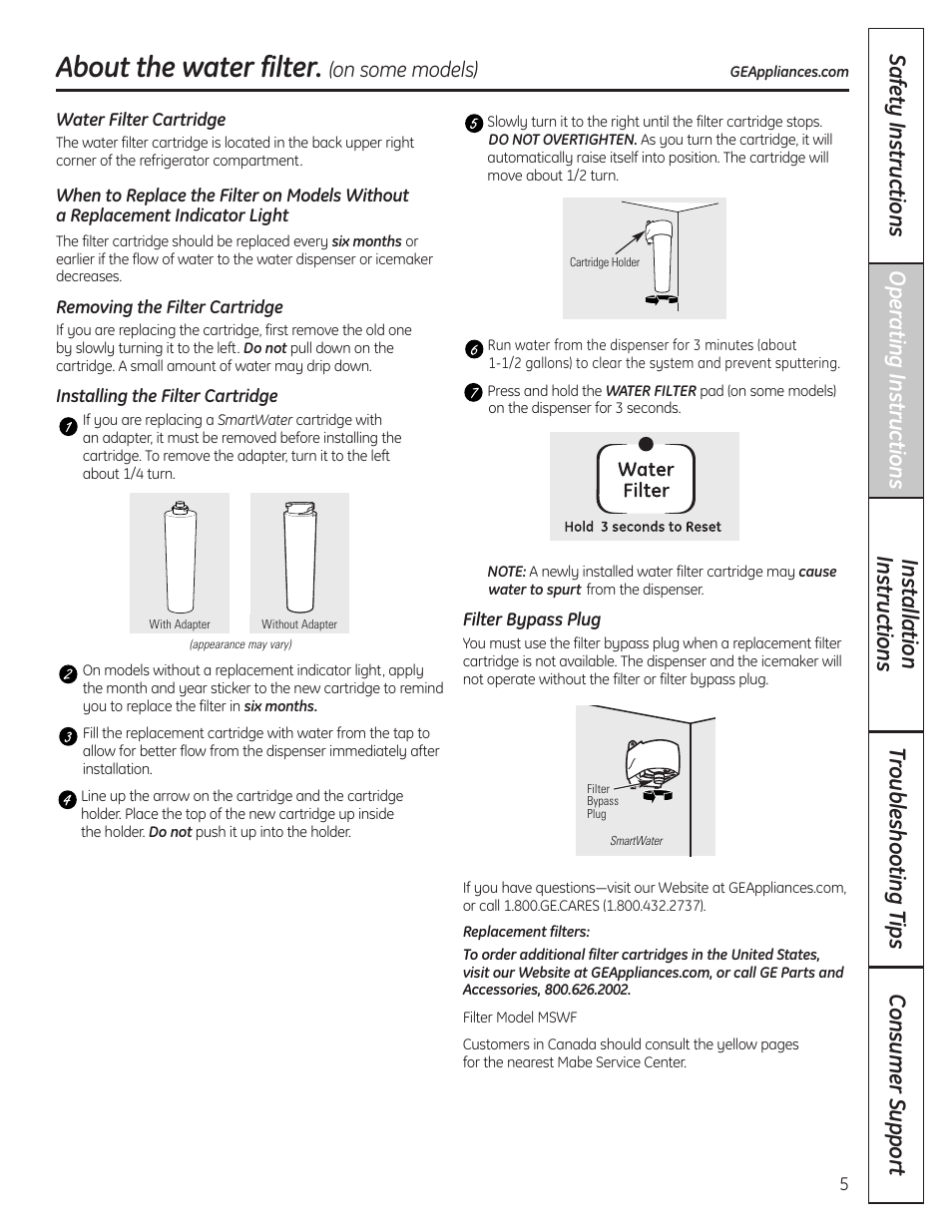 Water filter, Water filter , 6, About the water filter | On some models) | GE 200D8074P037 User Manual | Page 5 / 112