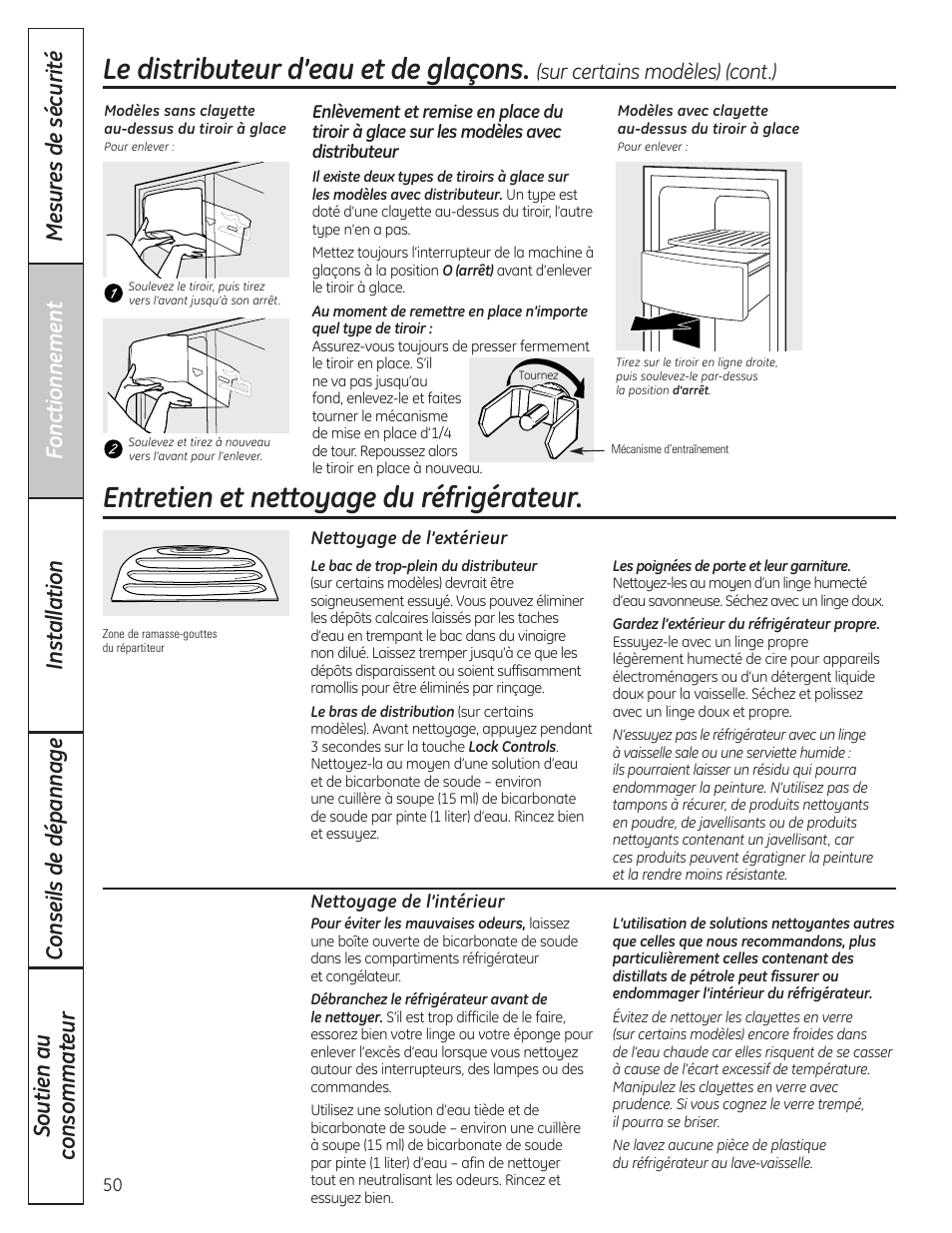 Entretien et nettoyage du réfrigérateur, Entretien et nettoyage du réfrigérateur , 51, Le distributeur d’eau et de glaçons | Sur certains modèles) (cont.) | GE 200D8074P037 User Manual | Page 50 / 112