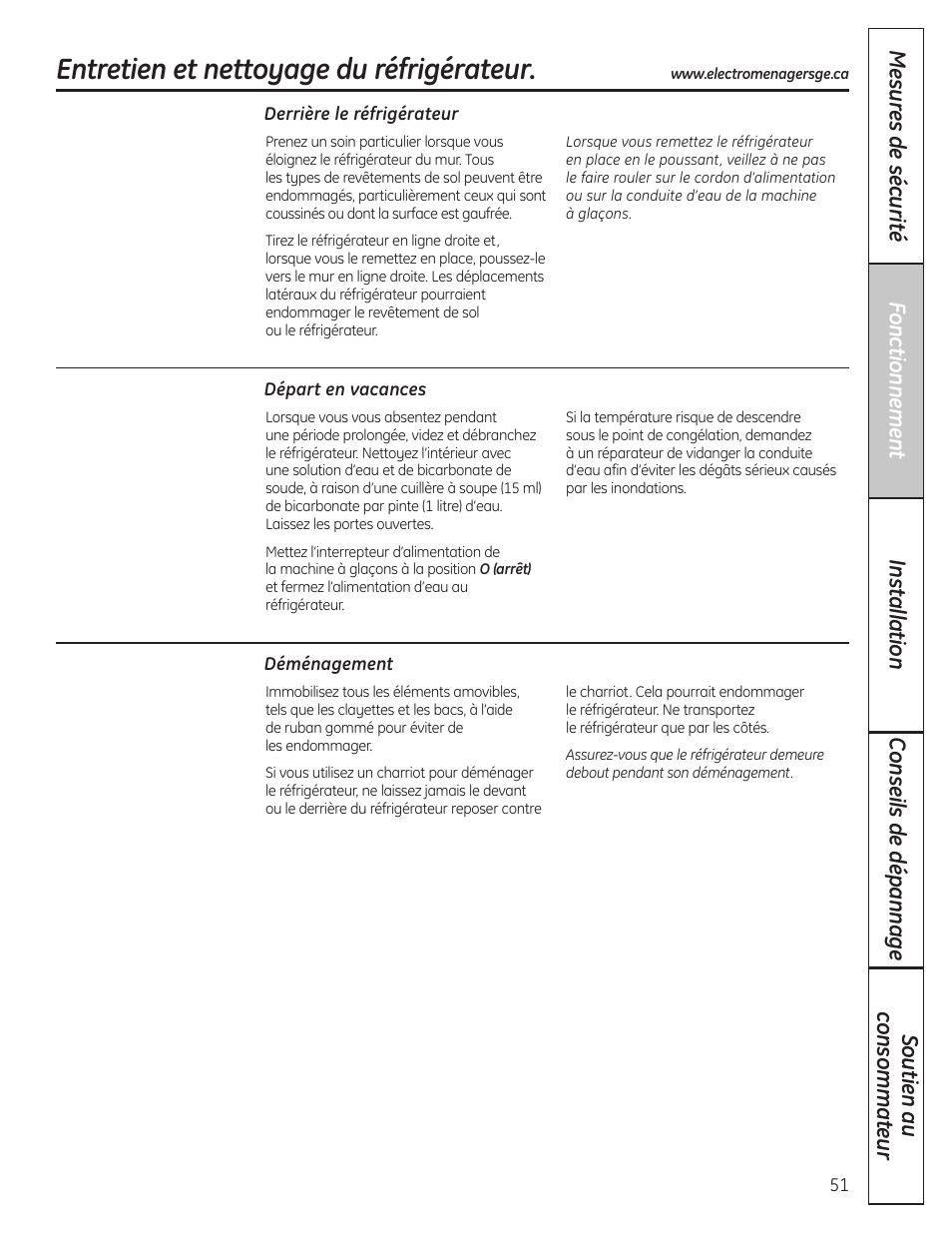 Entretien et nettoyage du réfrigérateur | GE 200D8074P037 User Manual | Page 51 / 112